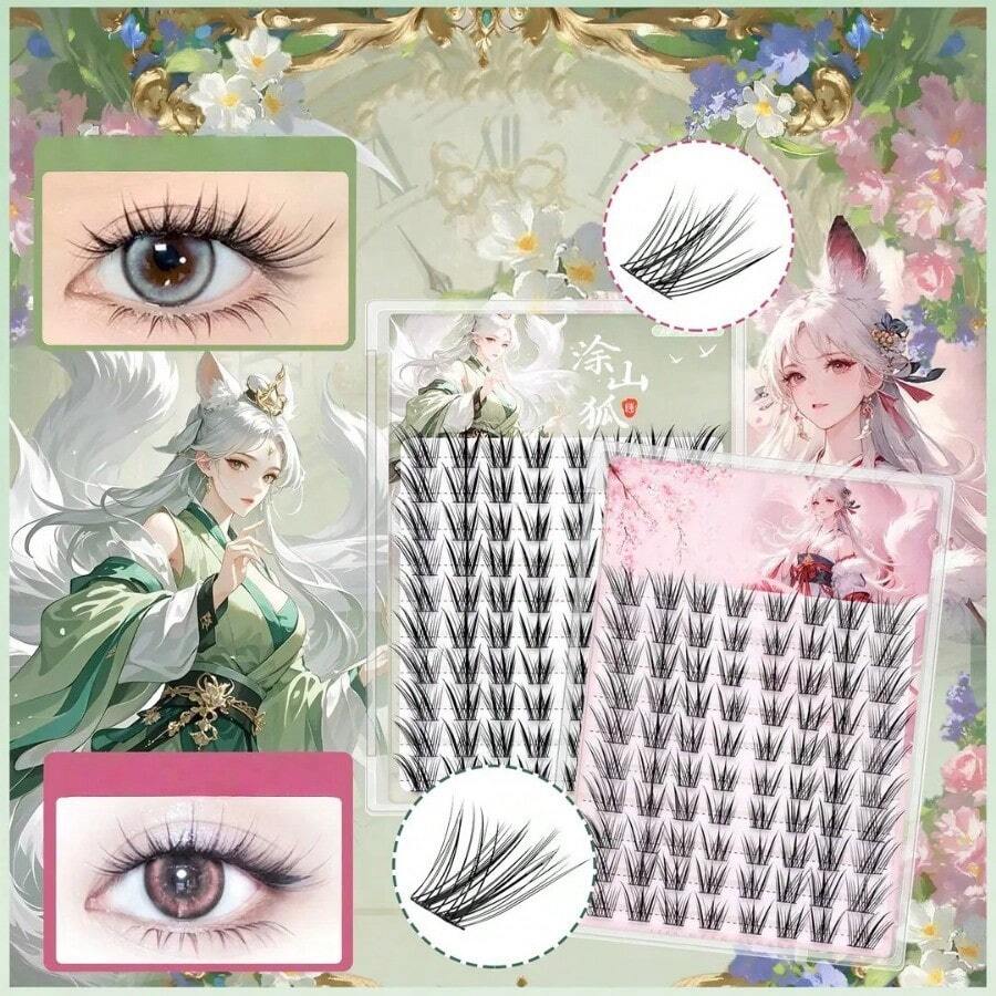 Qingqiu Fox Tushan Fox False Eyelashes Cool Air Oblique Flying One-Piece Single Cluster Glue Type Glue-Free False Eyelashes - 10排 免膠款(青丘狐) - 查看 1