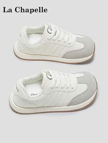 1 Pair La Chapelle Women's Thick Sole Lace-Up Soft Bottom Casual Shoes, Low-Top Outdoor Flat Shoes For Summer, Round Toe Low Heel Non-Slip Solid Color Elegant Soft Bottom Hiking Suitable For Students Graduation Photos Flat Shoes, Women Low-Top Leather Sneakers - White - View 4