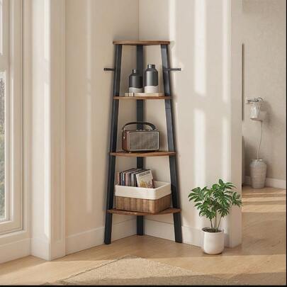 Corner Shelf Unit, 4-Tier Corner Shelf, Ladder Shelf For Living Room, Bookshelf Or Plant Stand, Industrial Accent Furniture,Rustic Brown And Black