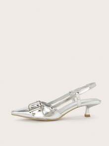 Women's Pointed Toe Metal Buckle High Heel Pumps, Spring/Summer - Silver - View 3