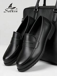 Salkin Fashionable Minimalist Men's Slip-On Penny Loafers, Gentleman Leather Brogues, Pointed Toe Business Formal Dress Shoes, Black Solid Color, Non-Slip Durable Sole, Suitable For Daily, Party, Wedding, Social Occasions, Spring/Summer/Autumn. Size Runs Large, Please Order One Size Down. - Black - View 10