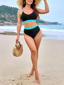 2026 Women's High Waisted Bikini Sets Sporty Two Piece Swimsuits Color Block Cheeky High Cut Bathing Suits - 黑色 - 查看 6