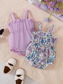 2件套女婴无袖连体衣，纯紫色和碎花图案，荷叶边下摆设计，春夏款 - 紫色 - 查看 1