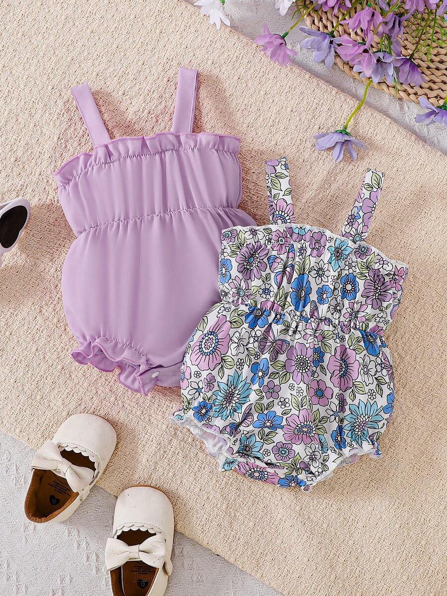 2件套女婴无袖连体衣，纯紫色和碎花图案，荷叶边下摆设计，春夏款 - 紫色 - 查看 1