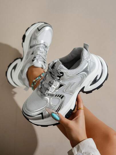 1 Pair Women's Platform Thick Bottom Sporty Chunky Sneakers, Mesh Patchwork Breathable Thick Sole Wedge Heel Casual Shoes, Lightweight Versatile Fashion Lace-Up Silver Sneakers