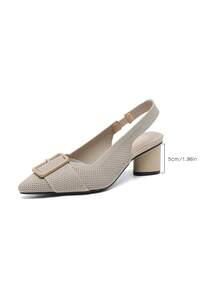 大码女式尖头休闲粗跟凉鞋，带踝带，透气面料，纯色 - 淺杏 - 查看 8