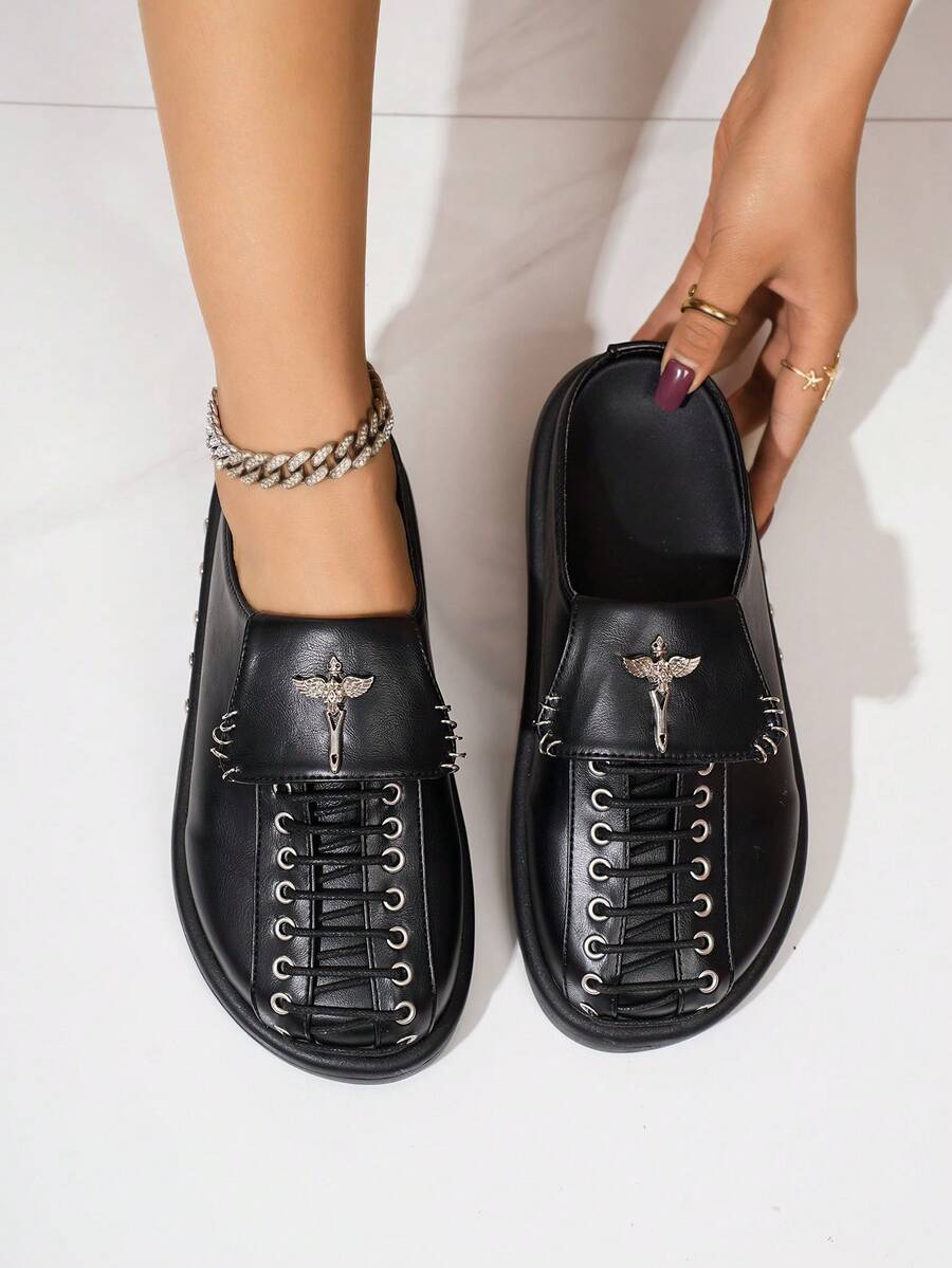Women's Fashion Round Toe Slip-On Casual Lace-Up Decor Commuting Versatile Black Flat Loafers - Black - View 1