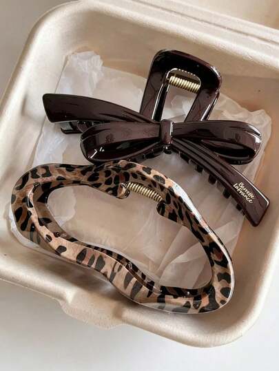 2pcs/1pc Women 4.72in/12cm Khaki Leopard Print Brown Bow Lightweight Plastic Hair Clips, Fashionable Versatile High-End Elegant Simple Solid Color Hair Claws, Suitable For Daily Casual, Party, Commute, Beach, Bun, Ponytail, Washing Face, Makeup, Outfit Accessory Women Claw Clips Elegant Hair Accessories Summer Vacay Hair Clips