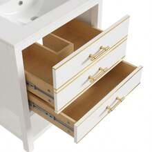 White Vanity Unit With Ceramic Basin – Freestanding Bathroom Unit With 2 Drawers And An Open Compartment, High-Quality Lacquered MDF Panel, Gold Handles, Without Tap Or Drain