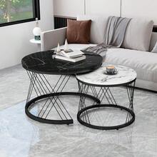 2-Piece Nesting Coffee Tables, Round Marble Pattern Top With Gold Frame, Space Saving Side Table Set For Living Room & Bedroom, White & Black - White+Black - View 3
