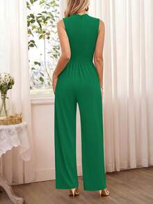 Womens Summer Jumpsuits Dressy Casual One Piece Outfits Sleeveless Mock Neck Wide Leg Pants Rompers With Pockets Vacation Outfits For Women Jumpsuit Elegante - màu xanh lá - Xem 2