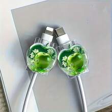 2个装 2D 亚克力扁平玫瑰苹果造型数据线保护套，耐用，Type-C 手机数据线保护套，美观坚固（非电气产品），水晶苹果图案数据线保护套，耐用，Type-C 手机数据线保护套，美观坚固，精致生活，更好地保护数据线（非电气产品），2D 扁平