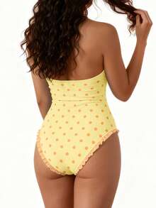 Women's Halter Neck Monokini Swimsuits Fashionable Dot Print Sleeveless Ruffle Bathing Suit - Yellow - View 2