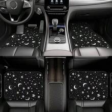 4pcs Black & White Celestial Car Floor Mats Set - Non-Slip Moon Phases, Stars & Night Sky Design (Crescent/Moon/Star) Fit For SUV, Truck, Van - Heavy-Duty All-Weather, Easy-Clean Auto Accessories - 月亮和星星 - 查看 5