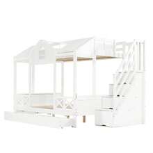 Etagenbett, Kinderbett, Deux Schubladen Mit Rollen, Schöne Fenster Und Dach, Treppenhausschrank Mit 4 Staufächern, Kiefer + MDF+Sperrholz, White, 90x200cm & 140x200cm - White - View 9
