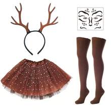 5pcs Carnival Deer Costume Set, Including Deer Antler & Ear Headband, Ballet Tutu Skirt, Socks, And Deer Face Stickers, Suitable For Women's Costume Party - Multicolor - View 10