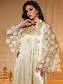 Elegant V-Neck Long Arabic Dress With 3D Rose Applique, Long Sleeve, Woven Fabric, Non-Stretch, Formal Gown - Beige - View 1