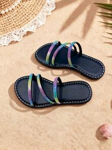 1双女童彩虹闪亮钻石多带凉鞋，露趾平底，舒适闪亮，活泼甜美，夏季沙滩鞋 - 黑色 - 查看 4