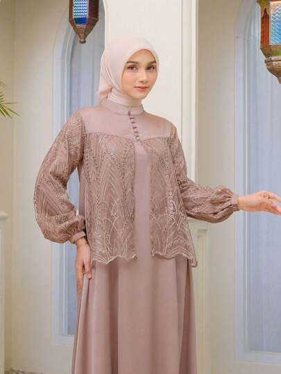 Modest Women's Taupe Embellished Overlay Maxi Abaya Islamic Formal Long-Sleeve Dress