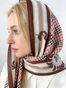 1条棕色印花马图案围巾，精致透气的女士长围巾，适合作为礼物送给女孩，也适合派对搭配。 - 棕色 - 查看 3