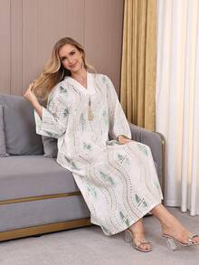 Elegant Embroidered Beaded Abaya Dress, V-Neck With Golden Tassel, 3/4 Sleeve, Fresh And Fashionable 2026 New Style Ramadan Traditional - White - View 9