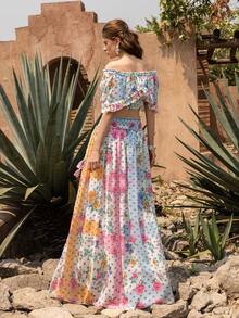 Faeriesty 2-Piece Elegant Open Shoulder Outfit: Embroidered Cropped Top With Ruffle Trim; High-Waisted Printed Maxi Skirt With Elastic Drawstring Waist; Mixed Prints; Lightweight And Flowing Fabric - Perfect For Destination Wedding Guest, Boho Bride Photoshoot, Garden Party, Vacation, Romantic Getaway Summer - Multicolor - View 2