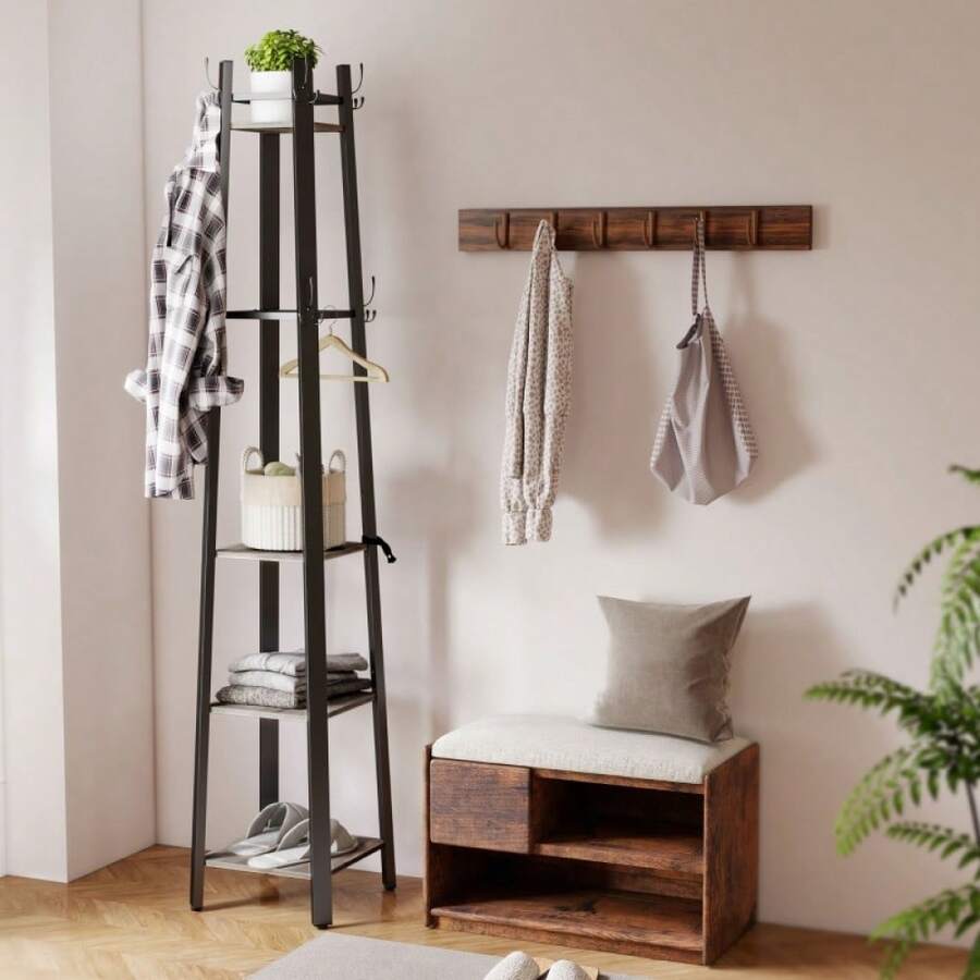 Industrial 4-Shelf Coat & Storage Stand - Heavy-Duty Garment Rack In Grey/Black With Shelving For Entryway, Studio Or Utility Room - Default - View 1
