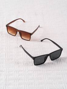 两副黑色和棕色简约方形眼镜，Y2K风格，男女通用，适合夏季海滩穿着 - 彩色 - 查看 4