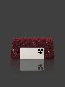 Shiny Rhinestone Flap Evening Bag Party Bag, Elegant And Fashionable Pleated Clutch Prom Bag, With Shiny Rhinestone Jewelry Two Pieces Set, Rhinestone Pendant Necklace, Earrings, Bracelet, Paired With A Luxurious Sequin Evening Gown, Suitable For Parties, Dinners, Gatherings, Dances, Weddings.