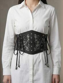 1pc Women's Black Lace Trim Mesh Hollow Elastic Waist Cincher With Tie-Up, Sexy Waist Trainer Suitable For Party, Gathering Or Daily Wear - Black - View 1