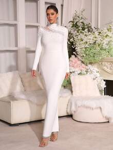 Modphy Romantic Black Long Sleeve Women's Formal Dress, Elegant Bandage Collar Maxi Dress Decorated With Pearls, Suitable For Formal Banquets, Holiday Parties And Other Occasions - White - View 7