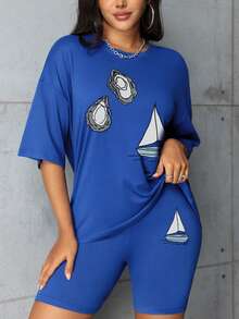 Women's Fashionable Versatile Short Sleeve T-Shirt And Leggings Set, Ocean Sailing Boat Pattern - Royal Blue - View 1