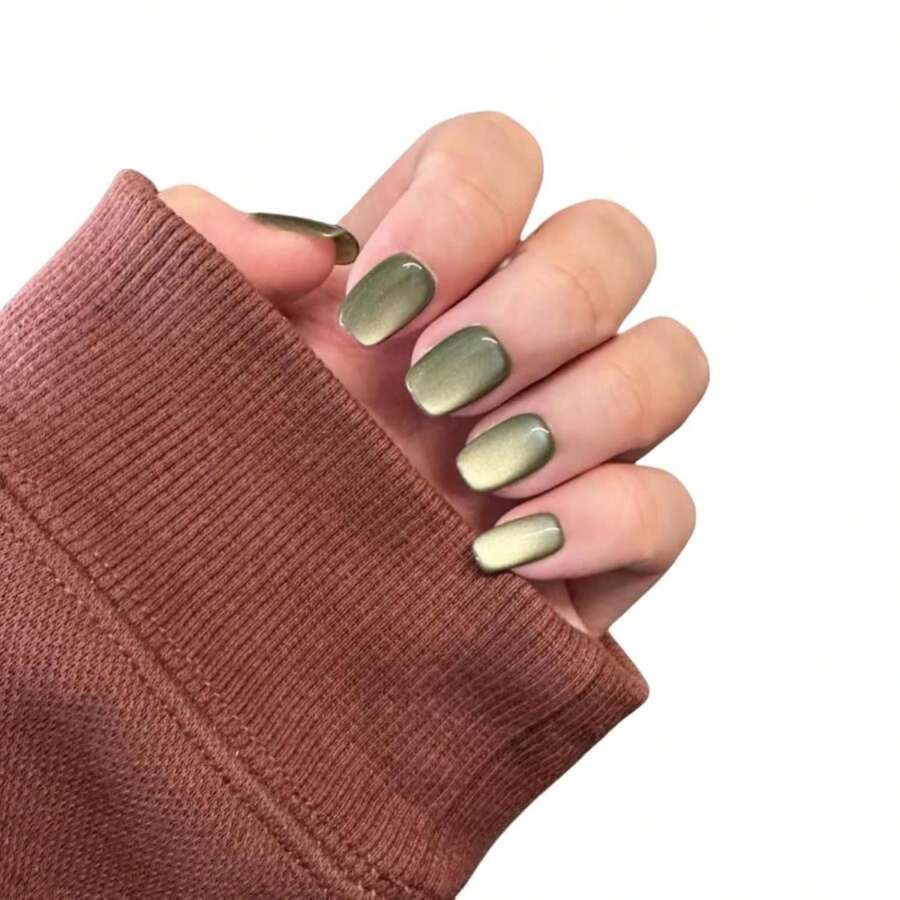 Cat Eye Press On Nails Handmade Short Oval\/Square\/Round False Nails With French Tip\/Aurora\/Magnetic Shimmer Designs (Silky#Square Maguey, Large) - ColorJJ - 查看 1