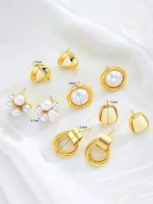 12pcs/6pcs/2pcs Set Vintage Elegant Bohemian Style Metal Multi-Element Baroque Faux Pearl Enamel Cat Eye Stone Bright Gold Square Stud Earrings, Minimalist Chic Luxury Versatile Earrings Suitable For Women, Men, Girlfriends, Vacation, Party, Wedding, Daily Matching, Ideal Gift For Valentine's Day, Mother's Day, Anniversary
