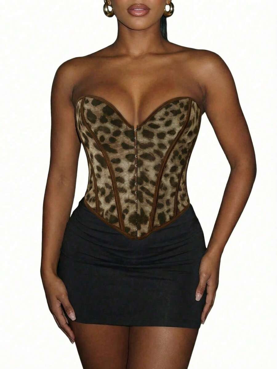 Blazique Y2K Boned Leopard Grommet Eyelet Front Lace Up Back Backless Overbust Shapewear Corset Tube Top Music FestivalNew Year