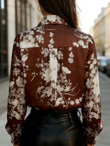 Áo kiểu nữ thanh lịch màu nâu satin in họa tiết, tay dài, chất liệu polyester, cổ áo cổ điển và chi tiết cúc cài. - màu nâu - Xem 3