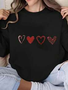 Women's Oversized Grey & Burgundy Heart Pattern Crewneck Sweatshirt - White Casual Sweater With Maroon Hearts, All-Season Layering Top, Machine Washable Round Neck Shirt For Valentine's Day & Casual Attire Graphic Crew Neck Sweatshirt,Streetwear Oversized Crew Neck Sweatshirt -  Graphic Print Design - 黑色 - 查看 10
