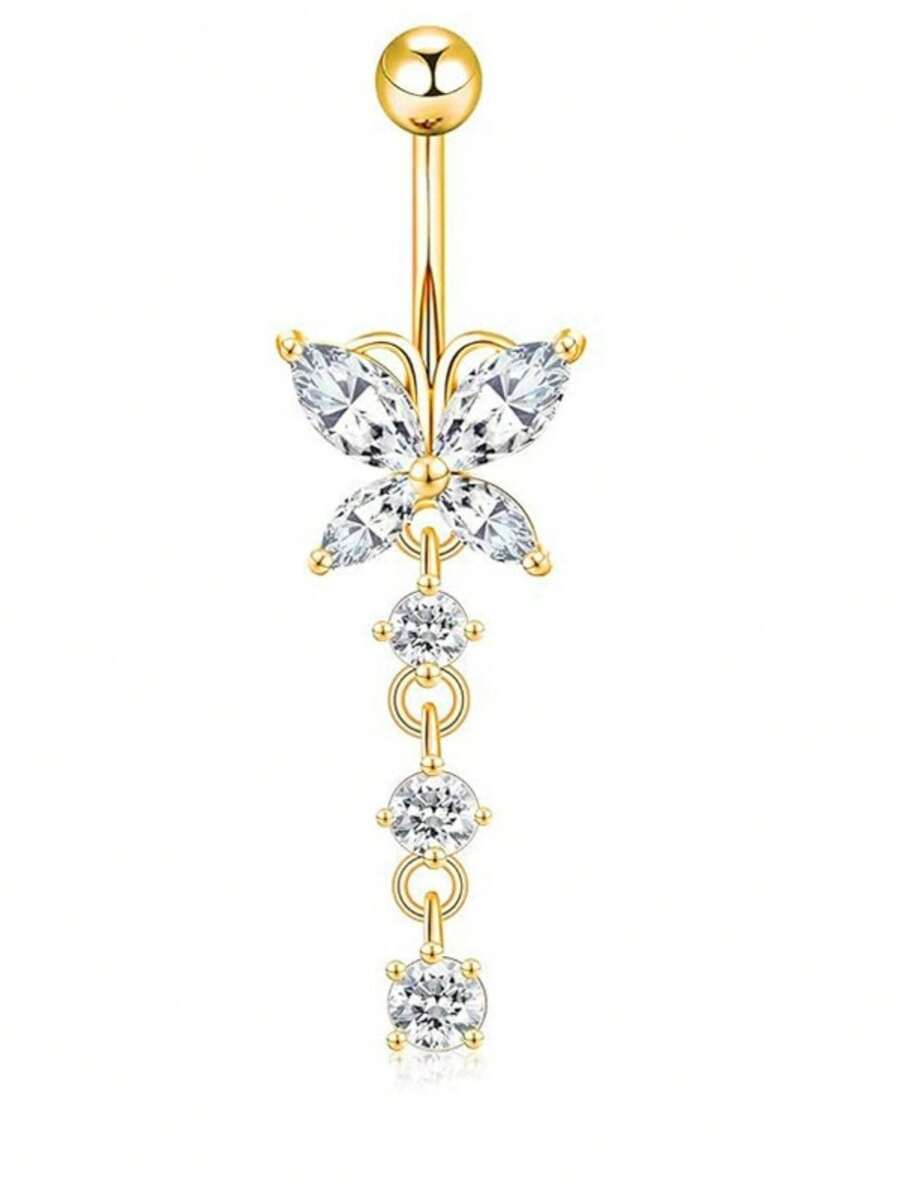 1pc Butterfly Rhinestone Classic Navel Piercing Jewelry, Elegant Zirconia Heart Butterfly Belly Button Ring