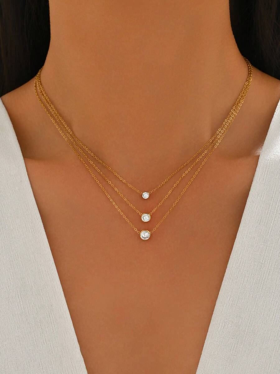 1件时尚奢华立方氧化锆多层项链，简约优雅不锈钢颈链首饰 - 項鍊 - 查看 1