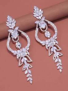 2pcs Geometric Earrings With Rhinestone Decor, Vintage Bridal Accessories - Silver - View 4
