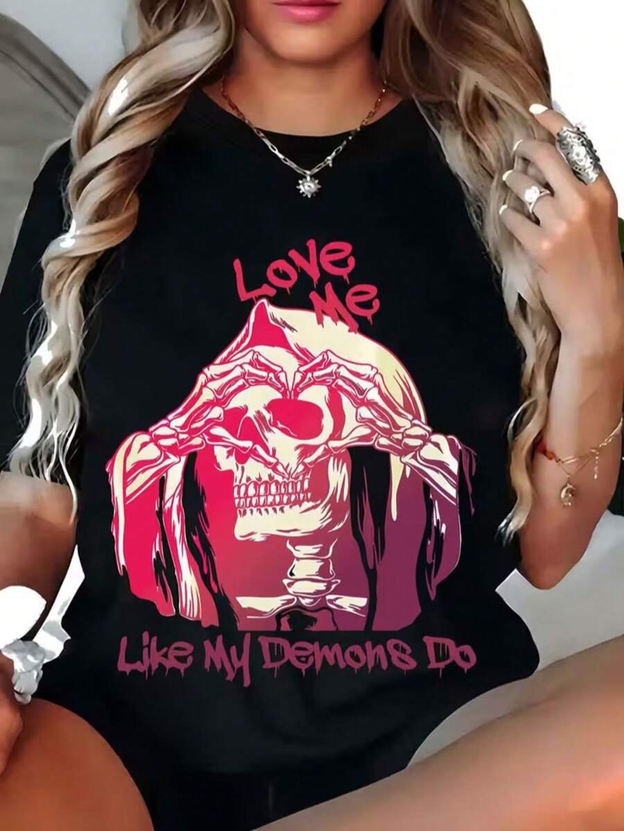 1pc Women'S Plus Size Edgy Gothic Love Me Like My Demons Do Skull Graphic T-Shirt Black With Pink Lettering Red Accent Design, Round Neck Short Sleeve Casual Top, Washable All Season Comfort Fit Fashion S - màu đen - Xem 1