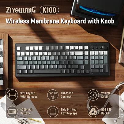  ATTACK SHARK * ZIYOU LANG K100 99キー ゲーミングメンブレンワイヤレスキーボード メディアノブ付き、3モード BT/2.4GHz/USB-C、サイド印刷キー RGBバックライト レトロかわいいクリーミーサイレントPCゲーマー用コンピューターキーボード、モーンリットナイト/グラデーションブルー/ブラックベリー