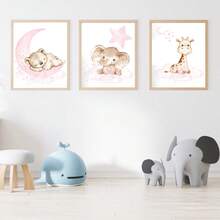 Tranh treo tường bằng vải canvas màu hồng chủ đề động vật rừng - Gấu bông, Voi, Hươu cao cổ, thích hợp trang trí phòng trẻ em, nhà trẻ, mẫu giáo, phòng bé trai, phòng ngủ bé gái, trang trí phòng trẻ em, trang trí ngày Valentine. - Nhiều màu - Xem 4