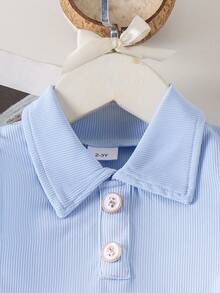 2件套女童甜美纯色翻领无袖上衣和蝴蝶结口袋短裙套装，夏季 - 藍色 - 查看 4