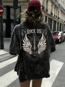 Summer New Simple Fashion Guitar Angel Wings Rock Print Casual Round Neck Tie-Dye Short Sleeve T-Shirt, Fashionable & Versatile Women Top - Black - View 5
