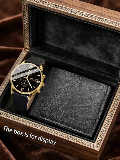 2 piezas Reloj de cuarzo de moda y set de billetera de piel sintética para adolescentes y jóvenes, correa de piel sintética, caja de aleación, manecillas giratorias, adecuado para niño, Día de San Valentín, Día del Padre, regalo para padre, novio, sin caja