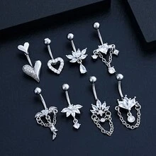 14G Dangle Belly Button Rings - Surgical Steel Golden And Silvery Bar With Heart CZ And Chain Piercing Jewelry For Women - Multicolor - View 6