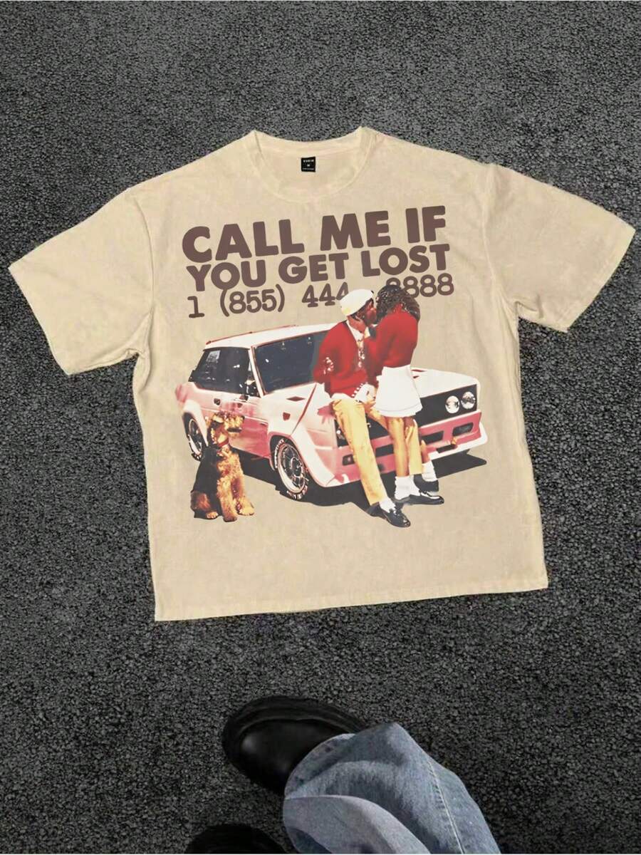 Plus Size Men's 100% Cotton Graphic Tee, Crew Neck Short Sleeve Casual T-Shirt With "CALL ME IF YOU GET LOST" Letter Print, Vintage Streetwear, Comfortable Soft & Breathable For Summer, Regular Fit, Durable Fabric,Ideal Gifts For Men - 杏色 - 查看 1