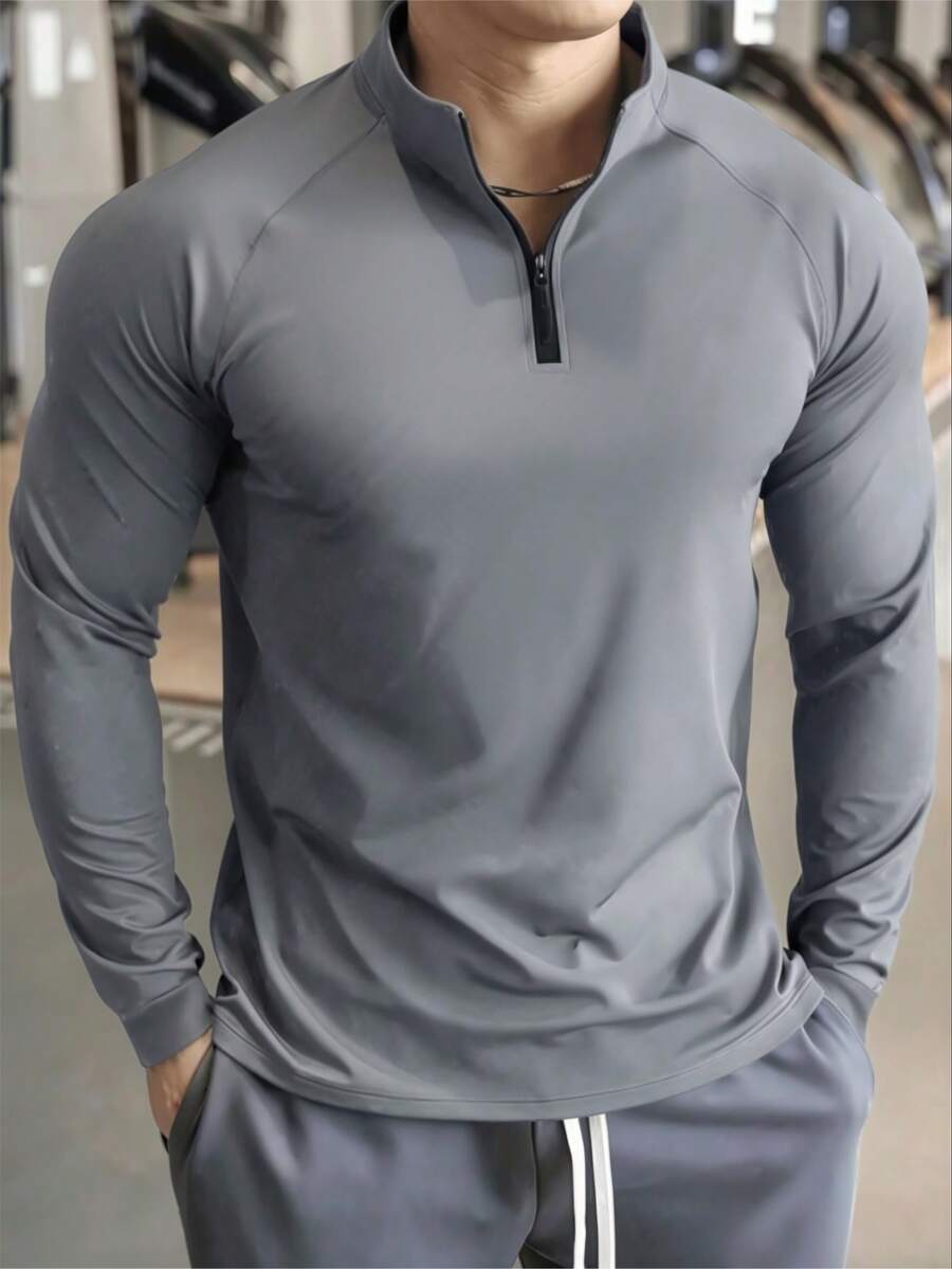 Men's Grey Stand Collar Fitness Sweatshirt, Half-Zip Long Sleeve, Quick-Dry Breathable Slim Fit, Suitable For Cycling, Running, Gym Training Spring - Grey - View 1