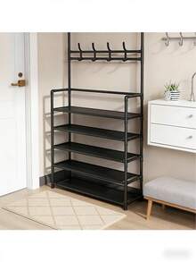 A Spacious And Multifunctional Storage Rack, Available In 4/5 Tiers For Shoes And Coat Racks, With 8 Hooks And Shelves. This 80cm Wide, Space-Saving, Easy-To-Assemble Shoe Cabinet Is Perfect For Storing Shoes And Hats And Can Also Be Used As A Multifunctional Coat Rack And Shoe Rack. - Black - View 5